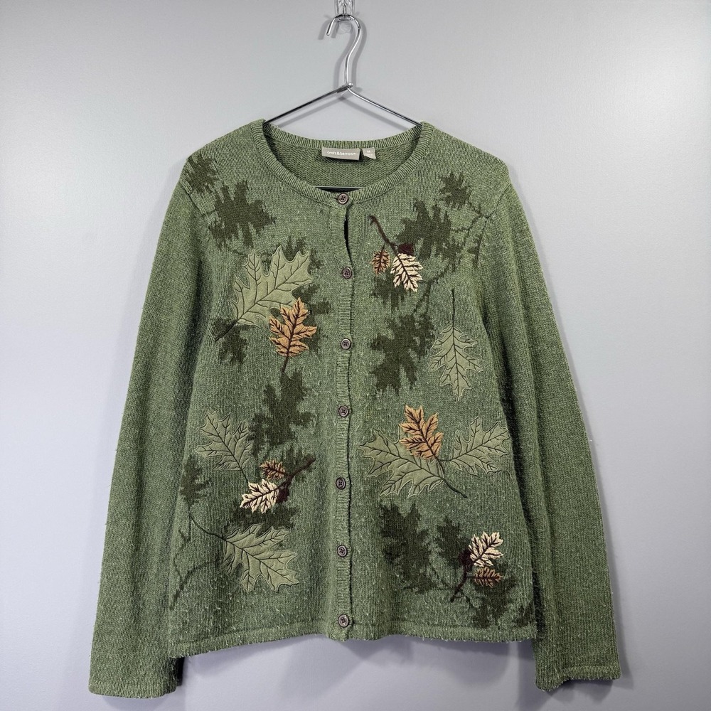 Croft & Barrow Sweater Womens Medium Green Leaf Embroidered Button Cardigan